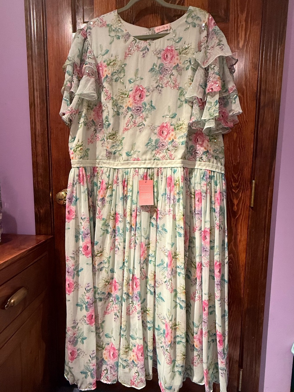 Ivy City Co Mint Floral Ruffle-Sleeve Women’s Dress with Pink Roses